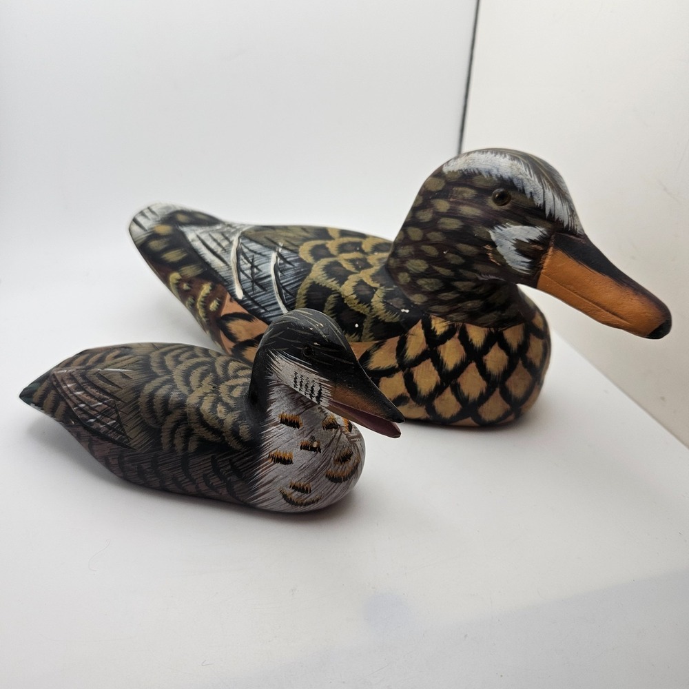 Vintage Hand Carved Wooden Duck Decoy Pair Mallard Folk Art Hunting Decor